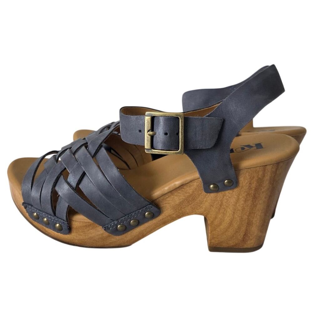 Korks Berengo Blue Leather Sandal Block Wood Heel Woven Studded Womens 10 Boho